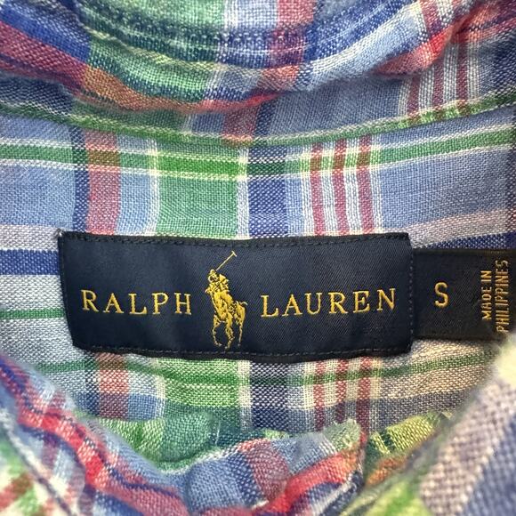 Ralph Lauren Men's 100% Linen Button Down Shirt Sz S Blue Plaid Short Sleeve - Picture 4 of 8